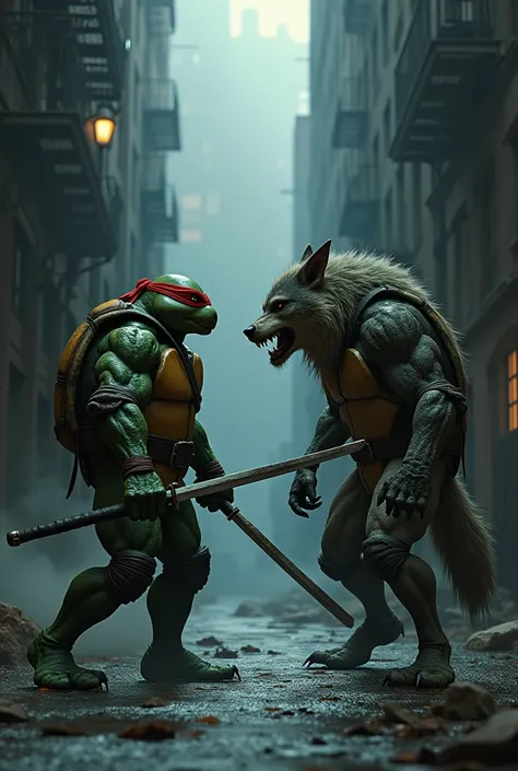 Now do the ninja turtle Rafael staring at a Werewolf theyre facing each other head on 