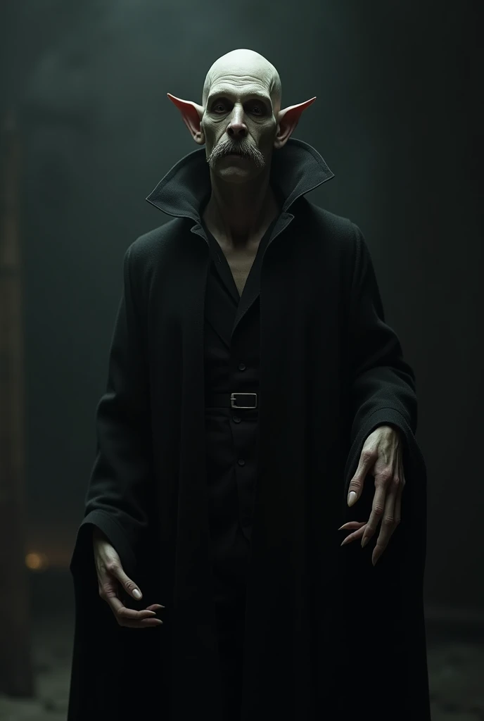 Nosferatu as realistic as possible, with a short mustache ,  full body, on a dark background