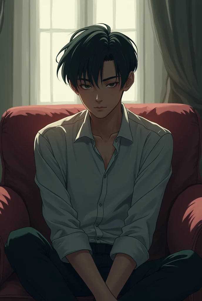  old anime Asian handsome boy with sharp features but sad looking sitting on a couch in a low pose as he is a model and lights surround him, digital drawing style