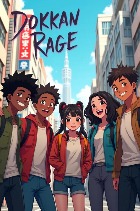 4 dark skin boys smiling with 2 girls in tokyo and on the says "Dokkan rage"