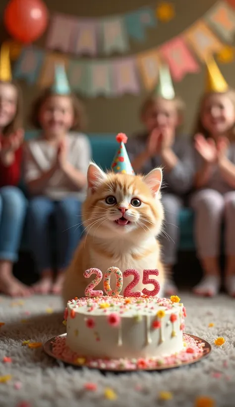 Photorealistic image of a fluffy tiny cat with bright eyes and a cheerful smile, sitting on a living room rug in front of a colorful tiny birthday cake with sprinkles, icing flowers and the number “2025” on top. The background shows happy people clapping t...