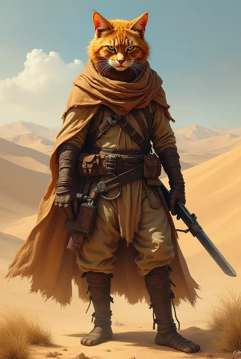 A furry cat in desert attire with a knife in his pants and a gun in his right hand