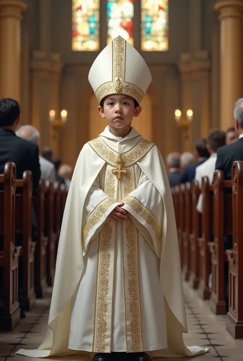  Image of a boy in a suit and dress of a Catholic Pope of Rome completely white, in a church with Catholic parishioners seated .