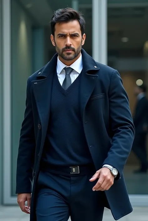 {
  "prompt": "A dramatic action scene featuring Emraan Hashmi in a stylish security guard uniform. He wears a white shirt, graphite grey tie, navy blue formal pants, a navy blue woolen sweater, and a navy blue winter jacket. He is standing in front of a m...