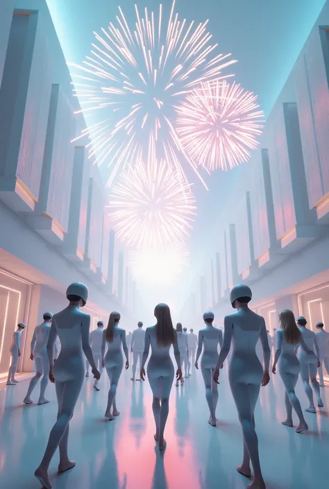 Faça uma cena de Réveillon l. Futurista Branco e com fogos de artifício. 