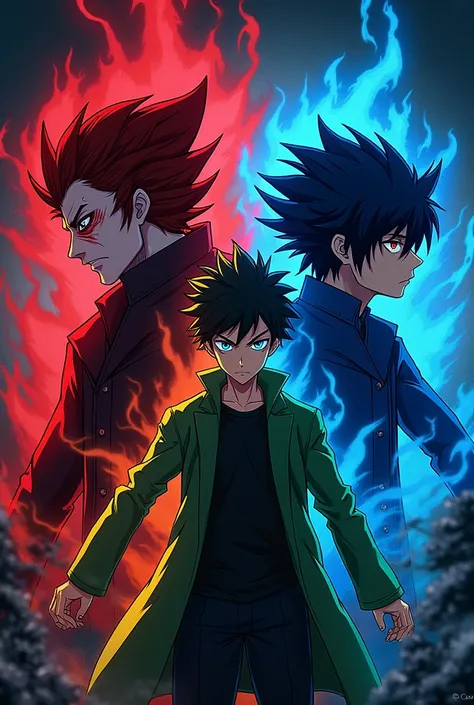 ryomen sukuna (red), mi kento(green and yellow), and gojo satoru (blue) together, led style, three of them is from jujutsu kaisen