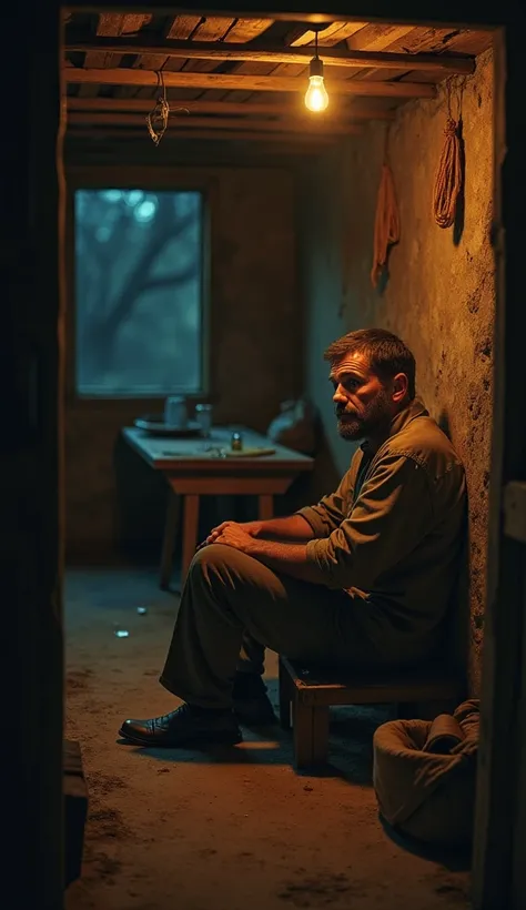  A man aged 32, in the hut ,  warm light ,  sad mood ,  celebrating the new year alone ,  in the middle of the night .