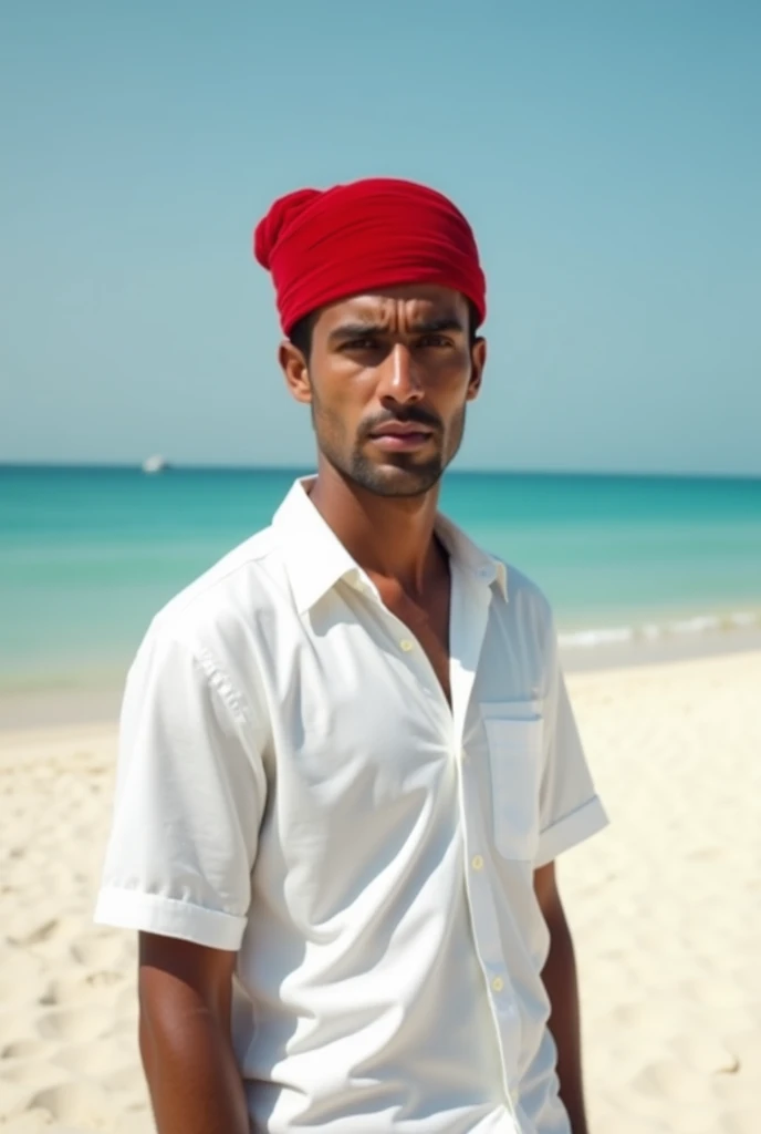 araffe man in a white shirt and a red hat on a beach, a picture inspired by Abdullah Gërguri, instagram, les nabis, around 1 , discovered photo, very clear picture, riyahd cassiem, very very low quality picture, david uzochukwu, album photo, photo taken in...