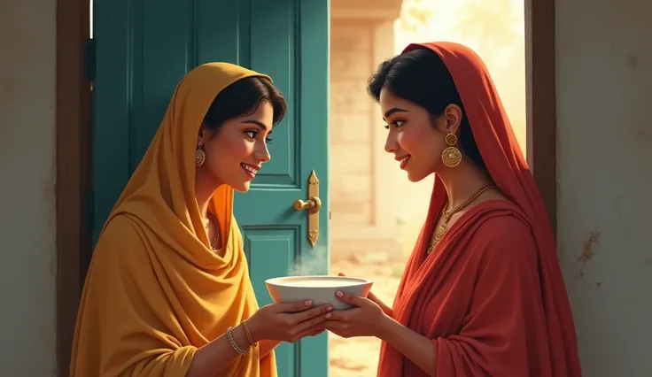 आरती handing a bowl of milk to her grateful neighbor at the doorway, with a serene smile on her face.