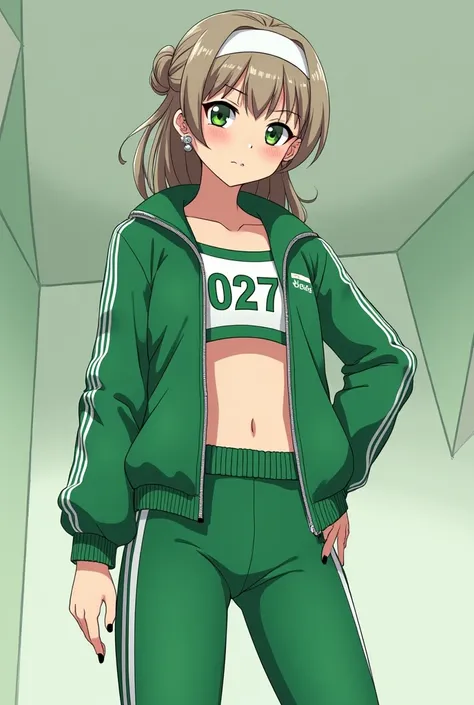 "A real teenage girl modeled after a character from the Squid Game series, wearing the iconic green tracksuit but revealing her stomach with the number 027. She has medium-length light brown hair that is half up and half open, a white headband, striking gr...