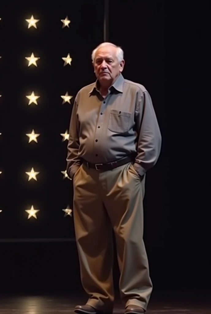  Through the picture, an elderly man appears on a stage or stage with a background full of bright stars .  The man appears to be standing in a relaxed and slightly bent position, indicating his great age or perhaps a sense of shame or respect.  His clothes...