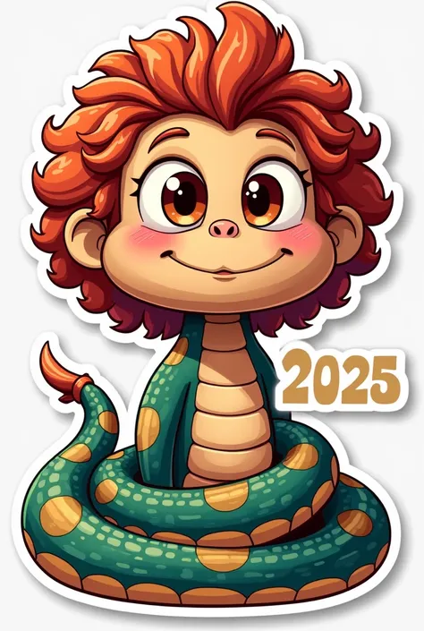  I want a color sticker with Happy New Year 2025， sticker has a rich design sense ， There should be a cartoon snake ，Snake head with hair ， The hair is curly and the head has a lot of hair ， and there is an oversized cartoon male characters eyes ， in the s...