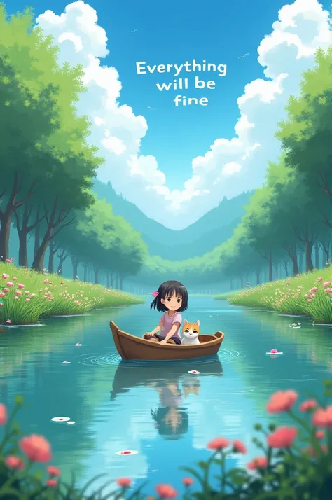 A girl and a  in a boat in a river surrounded by beautiful things 
The phrase is written (everything will be fine)