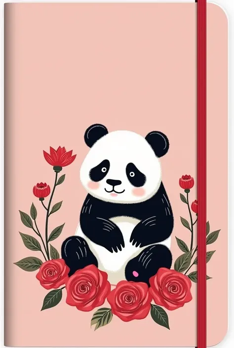 Design a notebook suitable for women that combines pink and red rose colors, add a panda, and coordinate all elements harmoniously, along with the phrase: "Bloom with Grace."