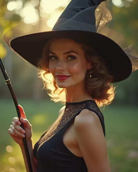 lovely 1960s suburban witch hat mother posing sweetly with magic wand in classic fashion catalog photo shoot, bokeh, cinematic 