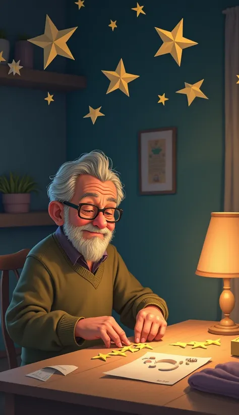 His grandpa ,  with patience , He cut out paper stars and stuck them on the ceiling of his room. 