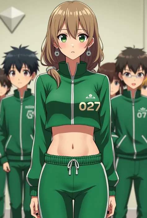 A real teenage girl modeled after a character from the Squid Game series, wearing the iconic green tracksuit but showing her stomach with the number 027. She has medium-length light brown hair that reaches the middle of her back, half up and half down, str...