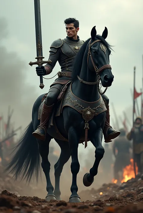 Black ny horse ,  in cool harness and his face is handsome like boyband and big long sword against realistic war background