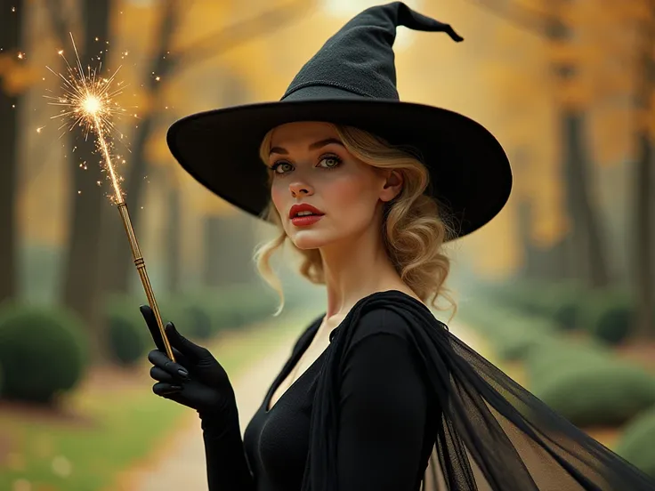 lovely 1960s suburban witch hat mother posing sweetly with magic wand in classic fashion magazine cover with listed articles, bokeh, cinematic 