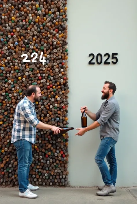 An image that is divided into two parts .  In one there are two people removing a bottle from a wall with a lot of bottles and it says 2024 on the wall .  In the other part the same happy people appear in front of a plain wall without a bottle and it says ...