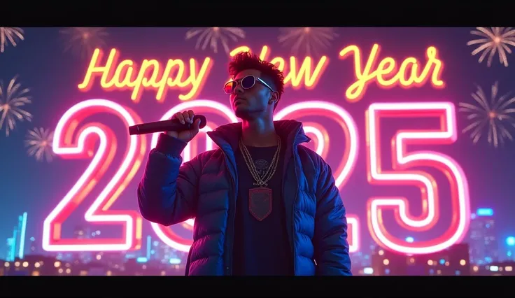 (photorealism:1.2), **Prompt for Thumbnail Creation:**  

"Design a vibrant and energetic YouTube thumbnail for a Hindi rap song celebrating New Year 2025. Include bold, colorful text saying Happy new year 2025 in english with a dynamic rap vibe. Use a fut...