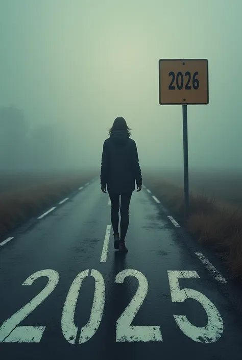 Create the image of a person walking leaving the road which read 2025 and the behind part read 2024  and beside that road read "next stop- 2026" (make the front 2025 visible the board of 2026 too)