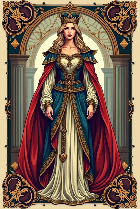 playing card Queen, illustration, color line art, medieval style.

