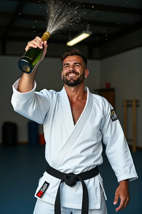 Man in white jiu jitsu kimono opening sparkling wine 