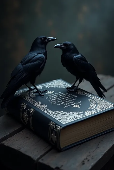 Make me a black book with silver accents and crows on the book . With writing saying “From the Shadows, Wisdom flies The Crows Divine Truth Revealed”