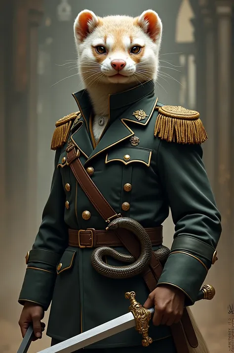 A ferret stands like a fierce warrior wearing a military uniform and holding a snake by its head in one hand and in the other hand holding a dagger 