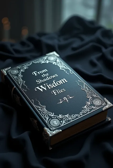 Make me a black book with silver accents and crows decorating the book . With writing saying From the Shadows, Wisdom flies The Crows Divine Truth Revealed