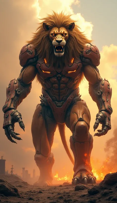 Design a monstrous hybrid creature that combines the raw power of a lion with the mechanical dominance of the Iron Sentinel. The entity should feature a lions head with metallic enhancements—glowing cybernetic eyes, sharp metallic teeth, and a mane interwo...