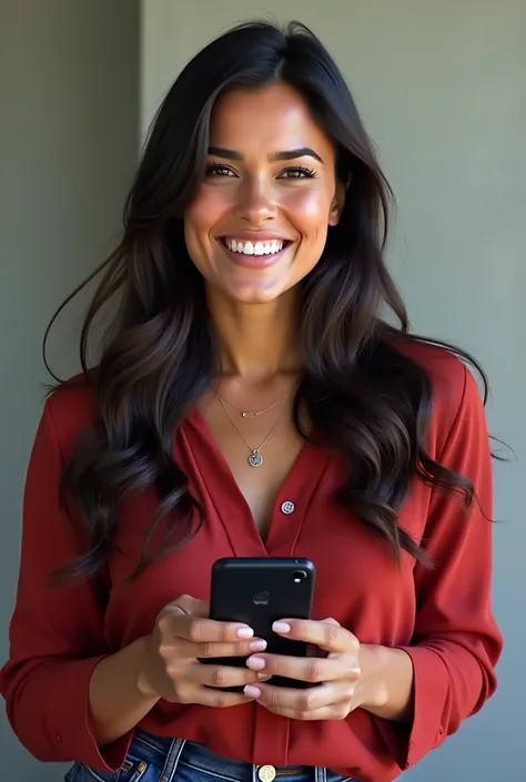 there is a woman smiling and holding a cell phone in her hand, cindy avelino, fanart, headshot profile picture, alexandria ocasio cortez, alexandria ocasio-cortez, alexandria ocasio - cortez, 30 years old woman, 3 0 years old woman, ((oversaturated)), alan...