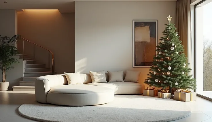 A modern living room reflects the celebration of Christmas Day, an empty place to walk without people, a round sofa, a big Christmas tree and a gift of an elegant staircase in the back. Elegant white rugs with elegant gift boxes everywhere