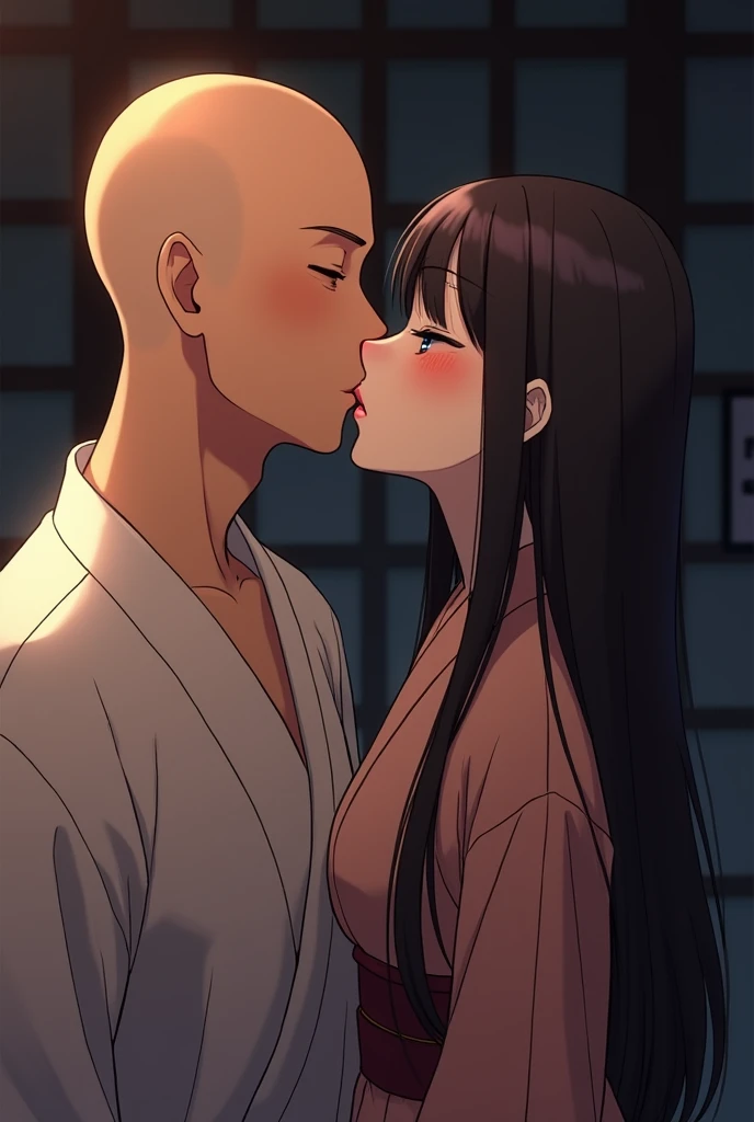  Sharp Animated Cartoon Images , The picture shows 2 men ,  kvinner ,  A young Japanese man who is a priest, bald,  handsome  .    he is a handsome man   ,   not wearing a shirt  . , ผู้ชายประกบริมฝีปากkiss with a woman in a kimono, A bald man and a girl, ...