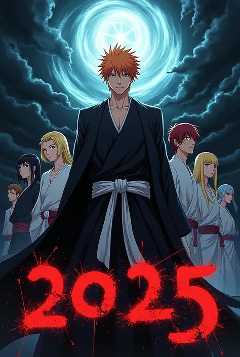 Make a new year poster with Happy New year on top and 2025 written in it having anime genre in it having bleach character and some dark vibe