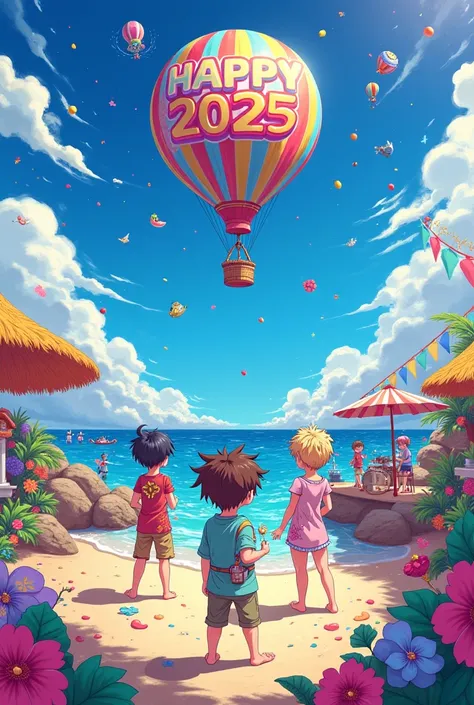 Happy New Year 2025 psychedelic style with the Spy Family characters on the beach anime style with a ballooning balloon in the sky with a band of "Happy 2025"