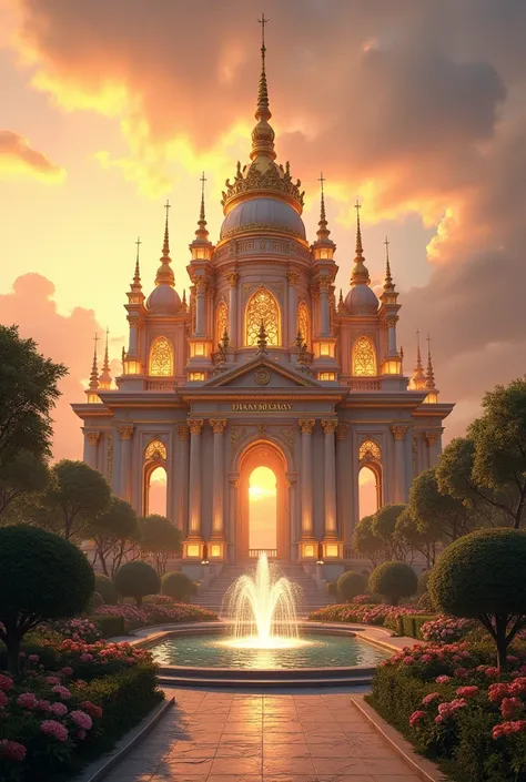 An imposing palace with gold details ,  well-kept gardens and crystal clear water fountains.  The sky in the background is tinged with golden hues ,  suggesting a luxurious and magical sunset .