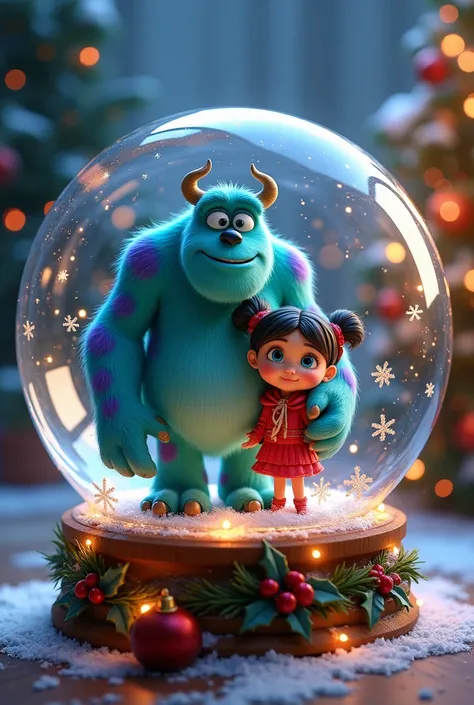 Christmas sphere with Sullivan and Boo from Monster Inc wishing a happy year 2025