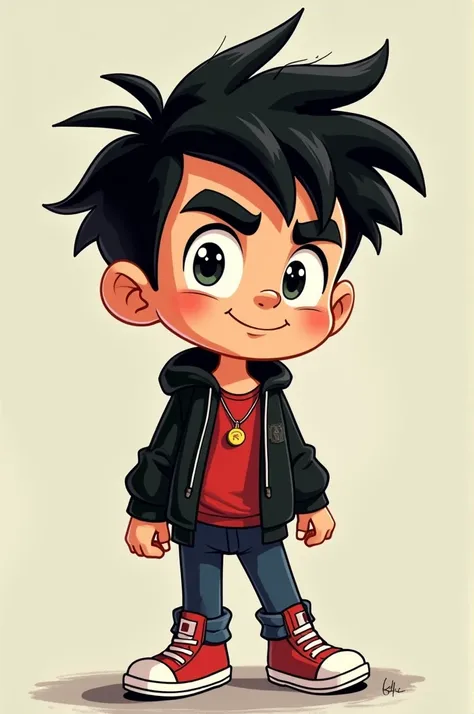  create a boy drawn in the style of the cartoon Danny Phantom. the same style.And that the clothes have necklaces 