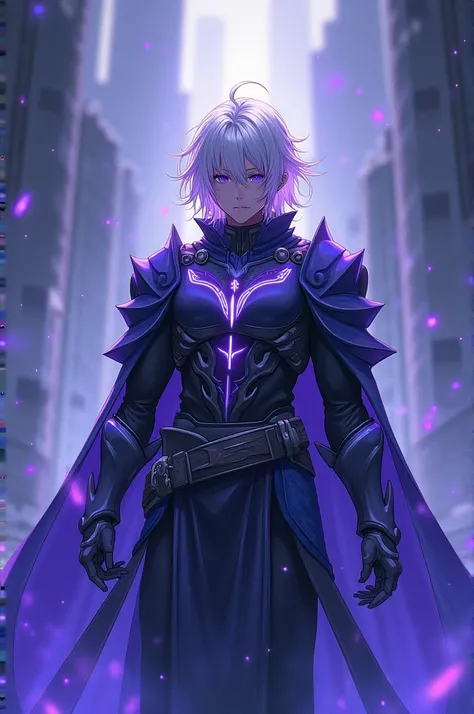 one. Man with medium hair in an almost white blonde tone purple eyes with shades of abyss , he wears armor that allows him to be very fast she has shades of black blue and purple ,  anime style  