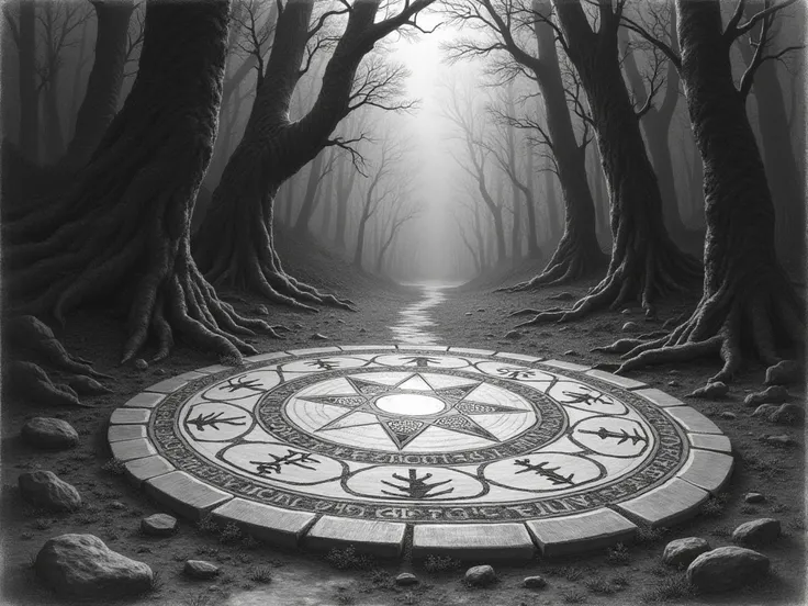 2D pencil drawing of the magic circle, there is a forest around, darkness