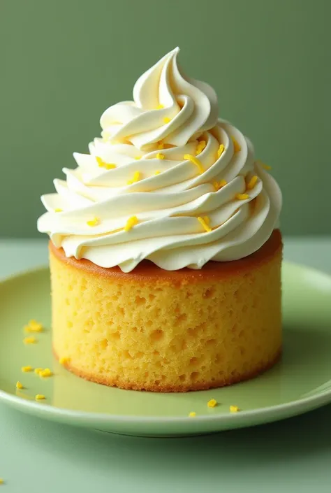 A lemon cake topped with whipped cream on an all-green platter