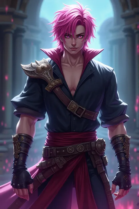  a 25-year-old man , of the Belmont family,  with bands on his hands, similar to Richter Belmont, pink haired.