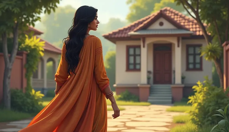 आरती, determined and composed, walking towards her neighbor’s house, holding her dupatta tightly.