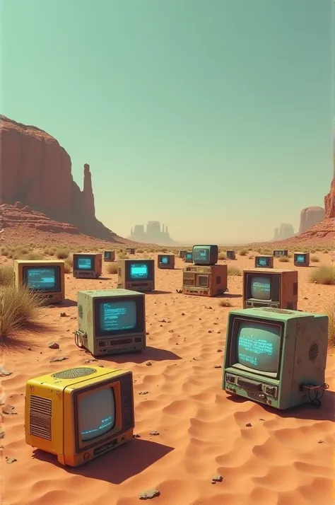 Landscape with retro televisions and monitors.  in the desert