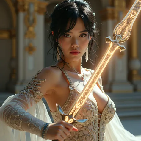 A stunning female warrior exudes an otherworldly allure with her mesmerizing features and commanding presence. She has short, jet-black hair that frames her face, with strands elegantly falling over one eye and cascading between her brows, adding mystery t...