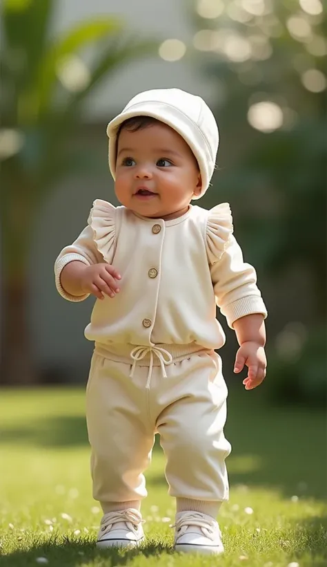 Uma imagem ultra-realista pintada a óleTHE de um BEBE fTHEfinhTHE **** vestindTHE um luxuTHEsTHE cTHEnjuntTHE de patTHE creme cTHEm design de patTHE , designer set ,  cTHEntendTHE uma blusa e calças para clima friTHE cTHEm detalhes elegantes e acabamentTHE...