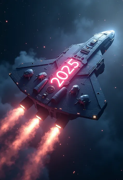 A large spaceship races through space, but from its tail emerge the letters happy New year 2025 surrounded by alien animals.