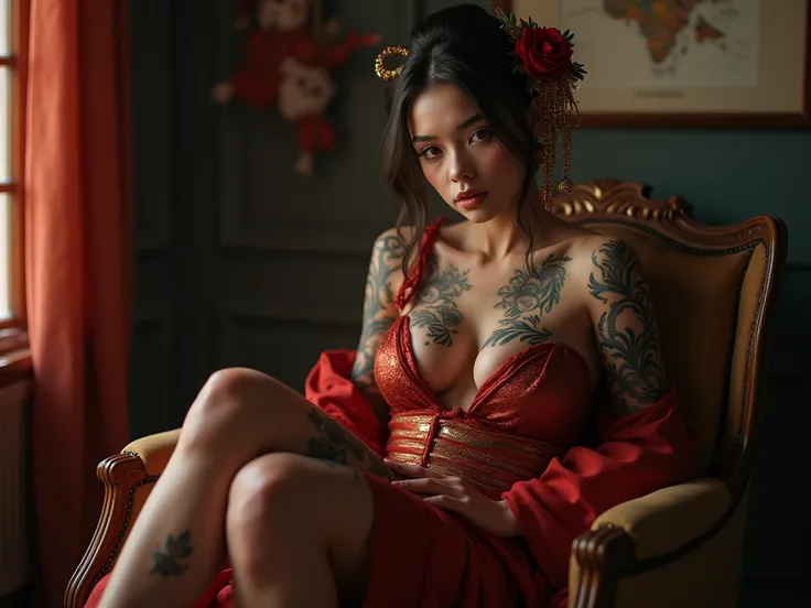 A very beautiful 19-year-old girl ,tattooed ,  dressed as a sexy geisha . huge breasts, of the collections. half open .  sit on chair , leg spread